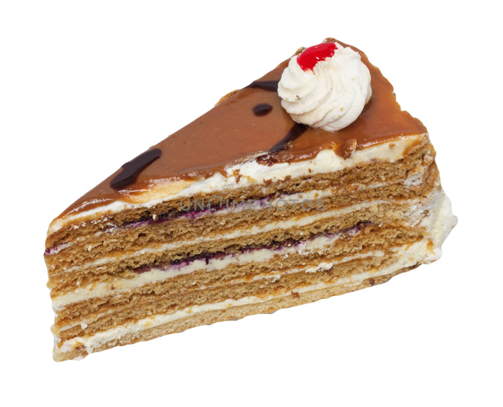 Slice of cream cake with chocolate on the white background 