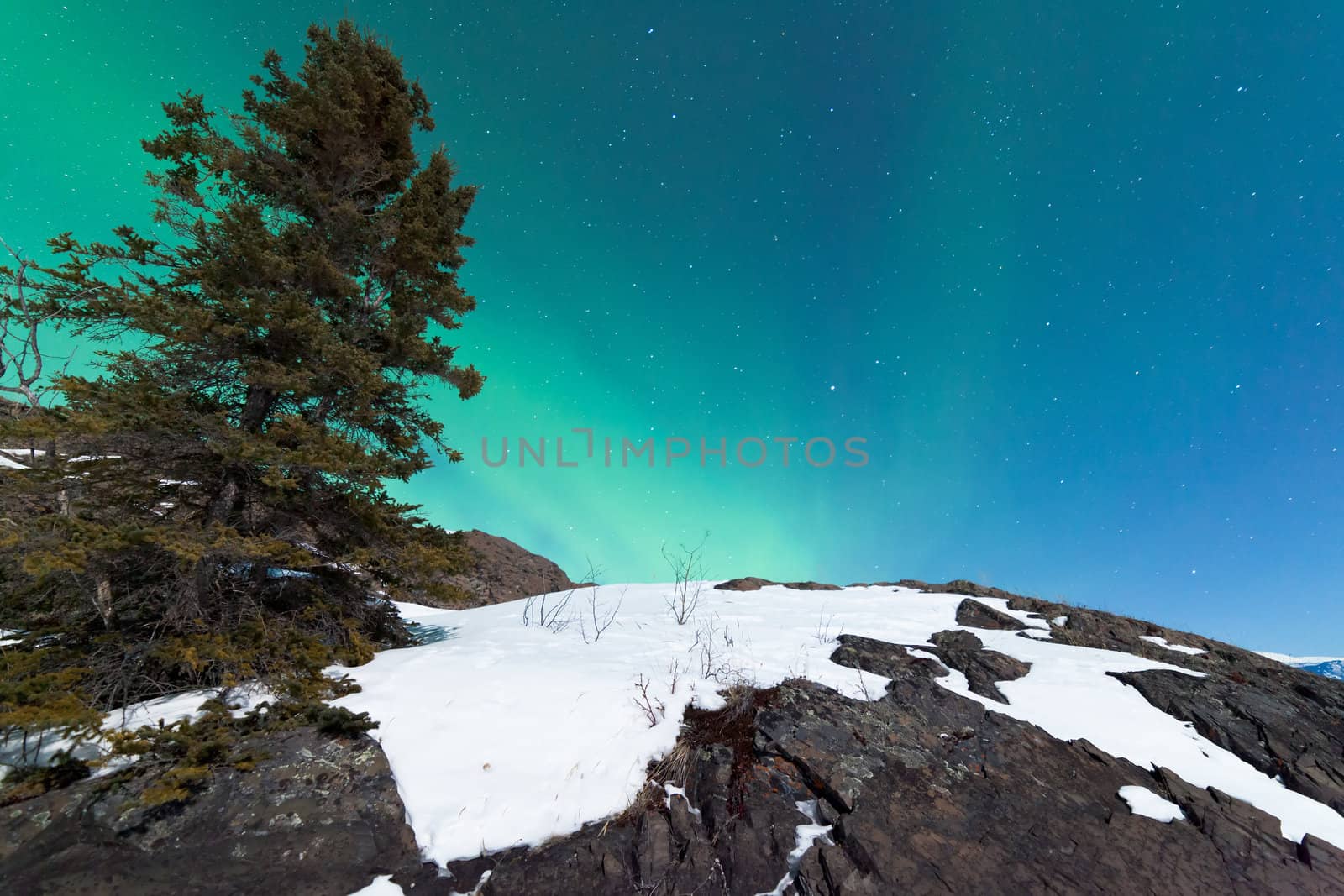 Northern Lights or Aurora borealis or polar lights forming green swirls over snowy rock outcrop in moon-lit winter night