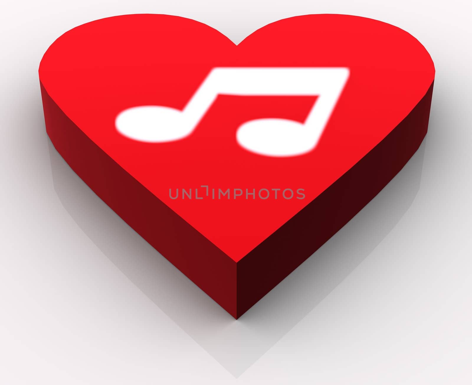 Concept of love or passion for music portrayed by red heart with white glowing double whole note (breve). Scene rendered and isolated on white background with slight reflection.