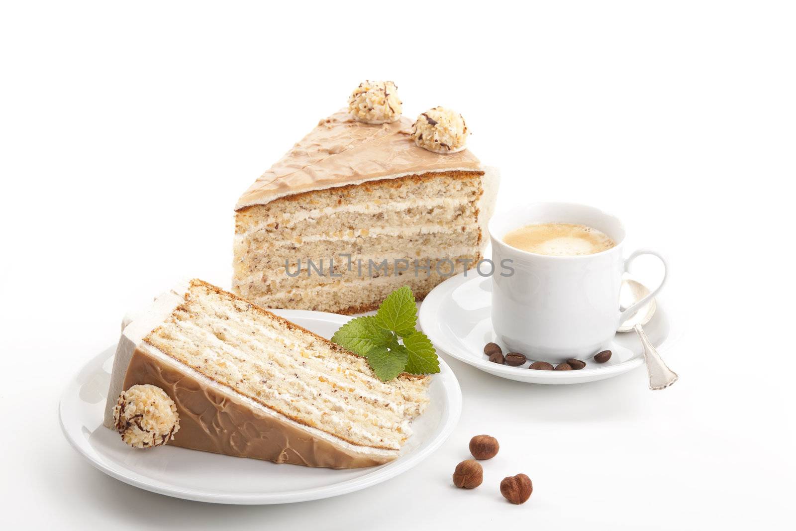 nut cake with coffee isolated on white background