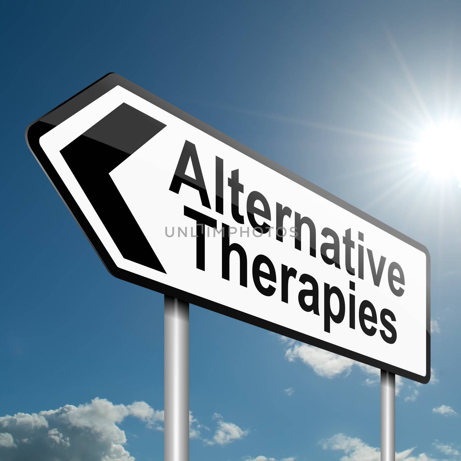 Illustration depicting a road traffic sign with an alternative therapies concept. Blue sky background.