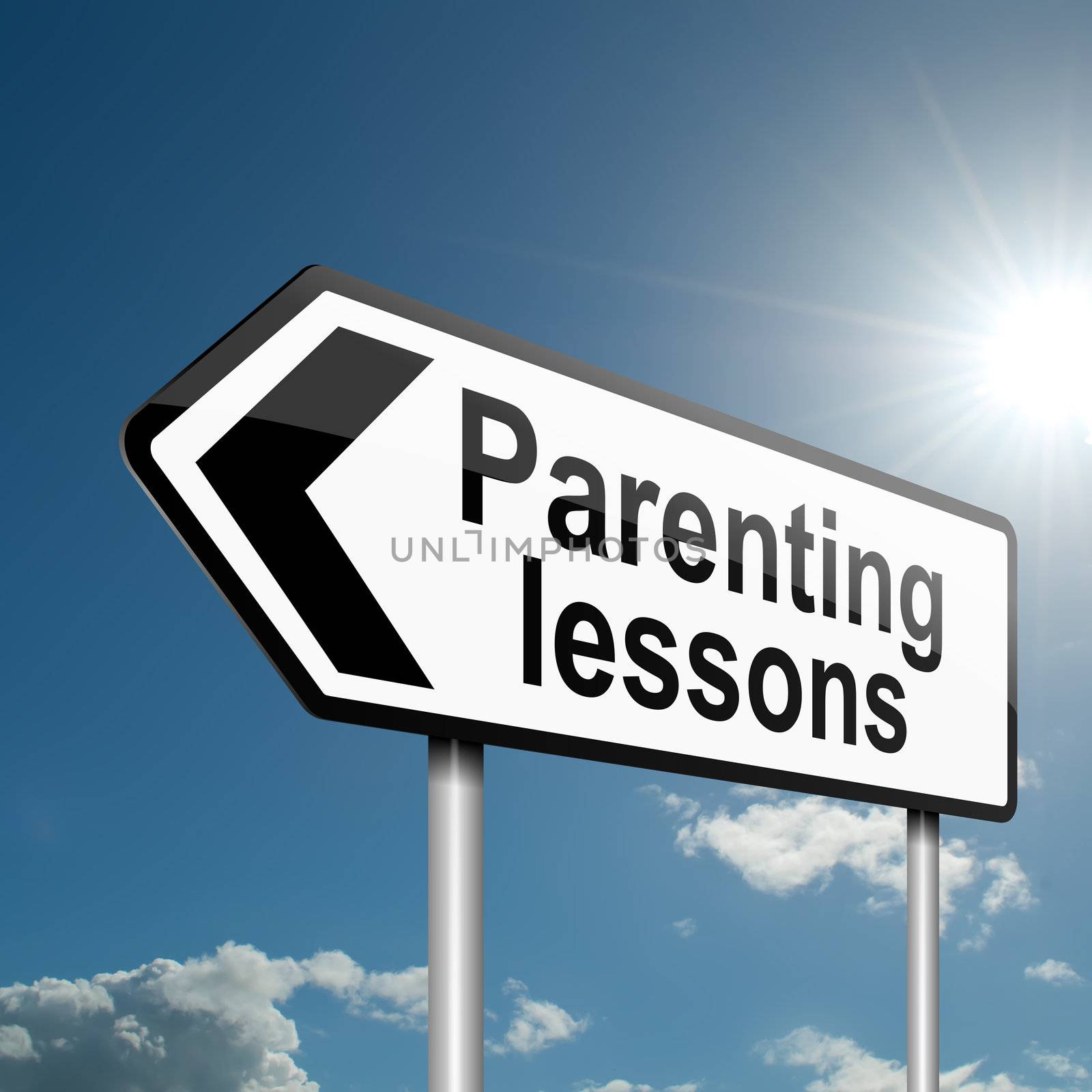 Illustration depicting a road traffic sign with a parenting concept. Blue sky background.