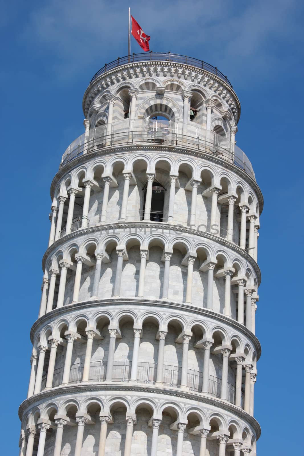 Famous Leaning Tower in Pisa close up shot on piazza dei Miracoli.