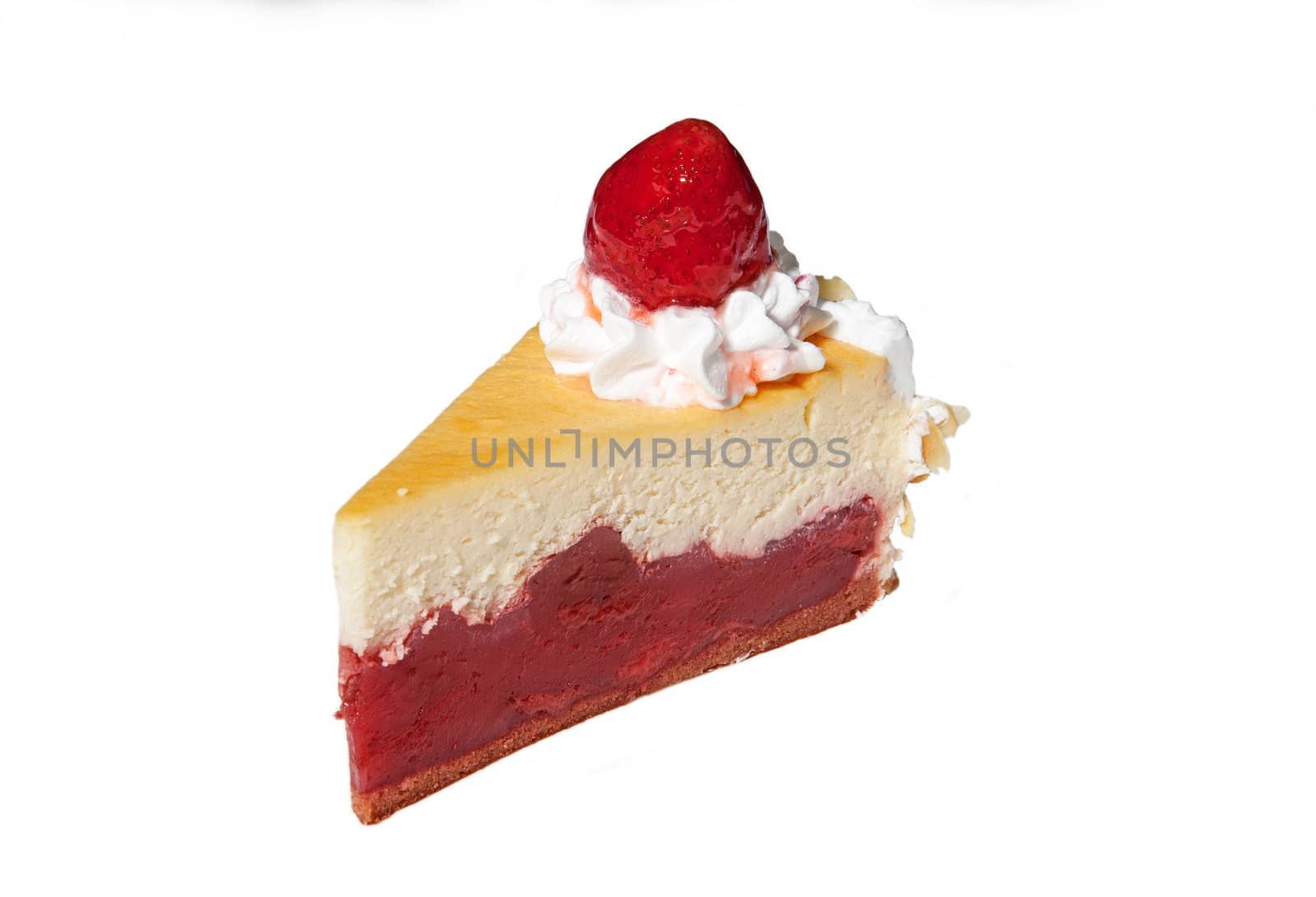 Cheese cake with strawberry jam on isolated white background