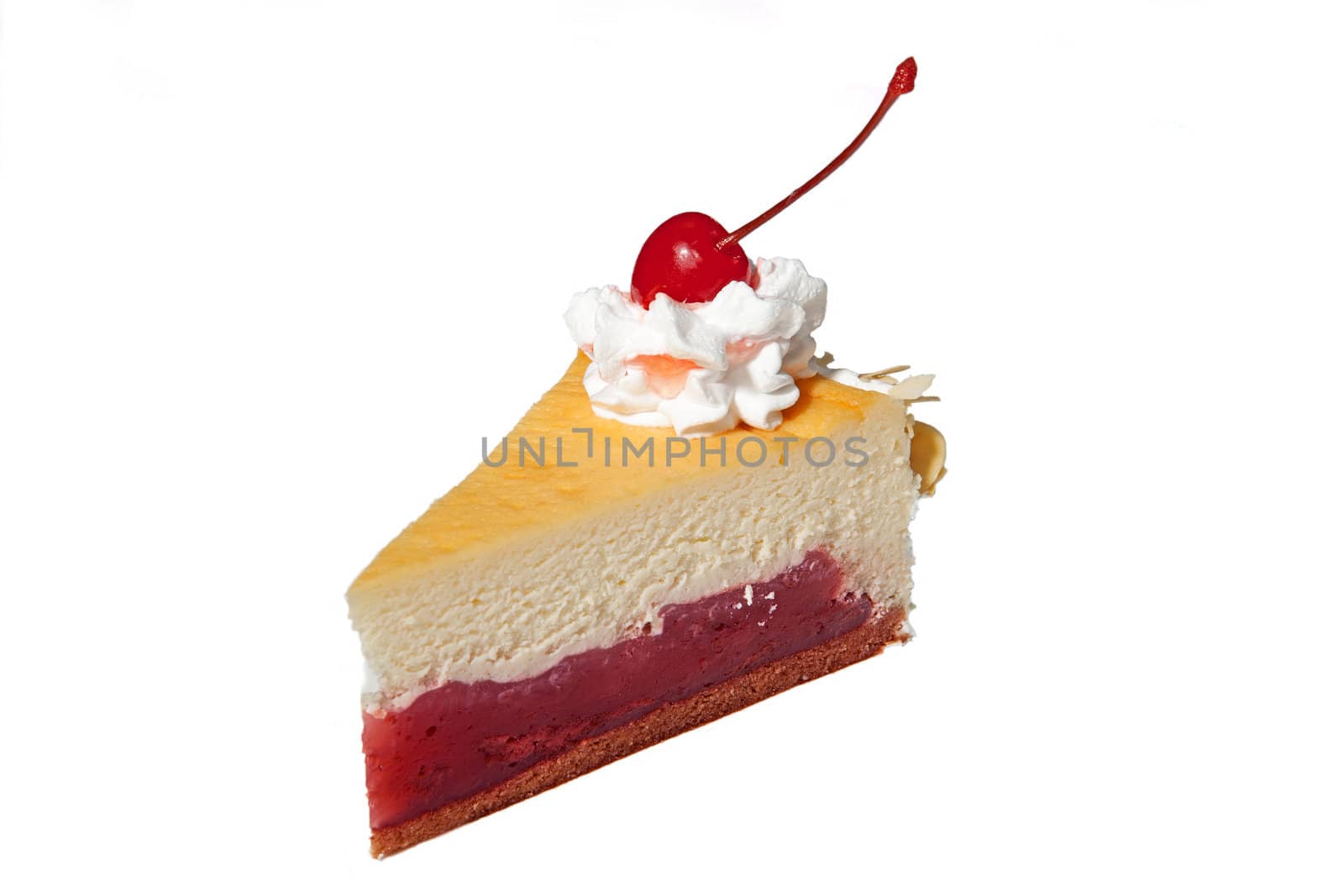 Cheese cake with cherry jam on isolated white background