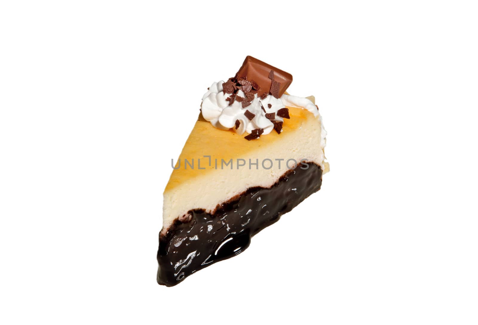 Cheese cake with chocolate on isolated white background