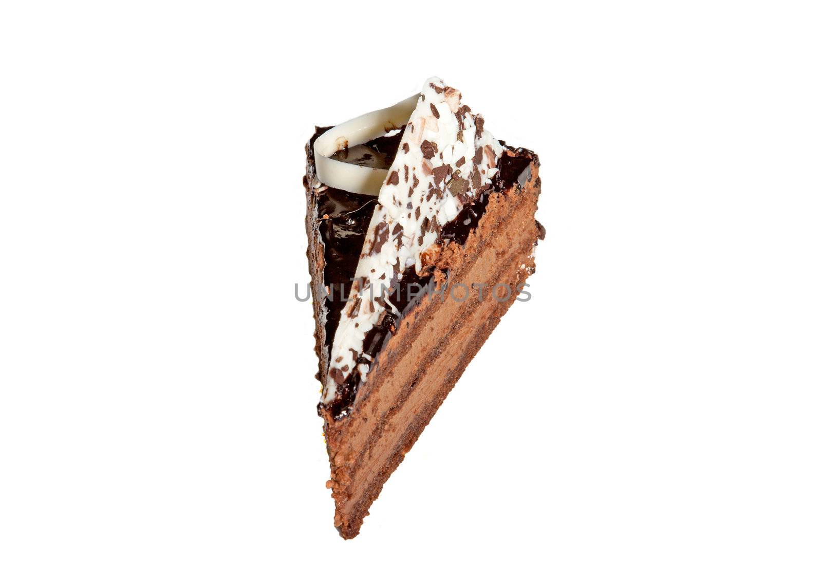 Chocolate cake on white isolated background