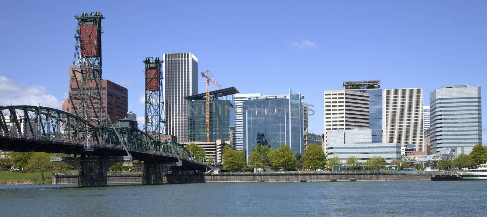 Portland Oregon skyline from below.