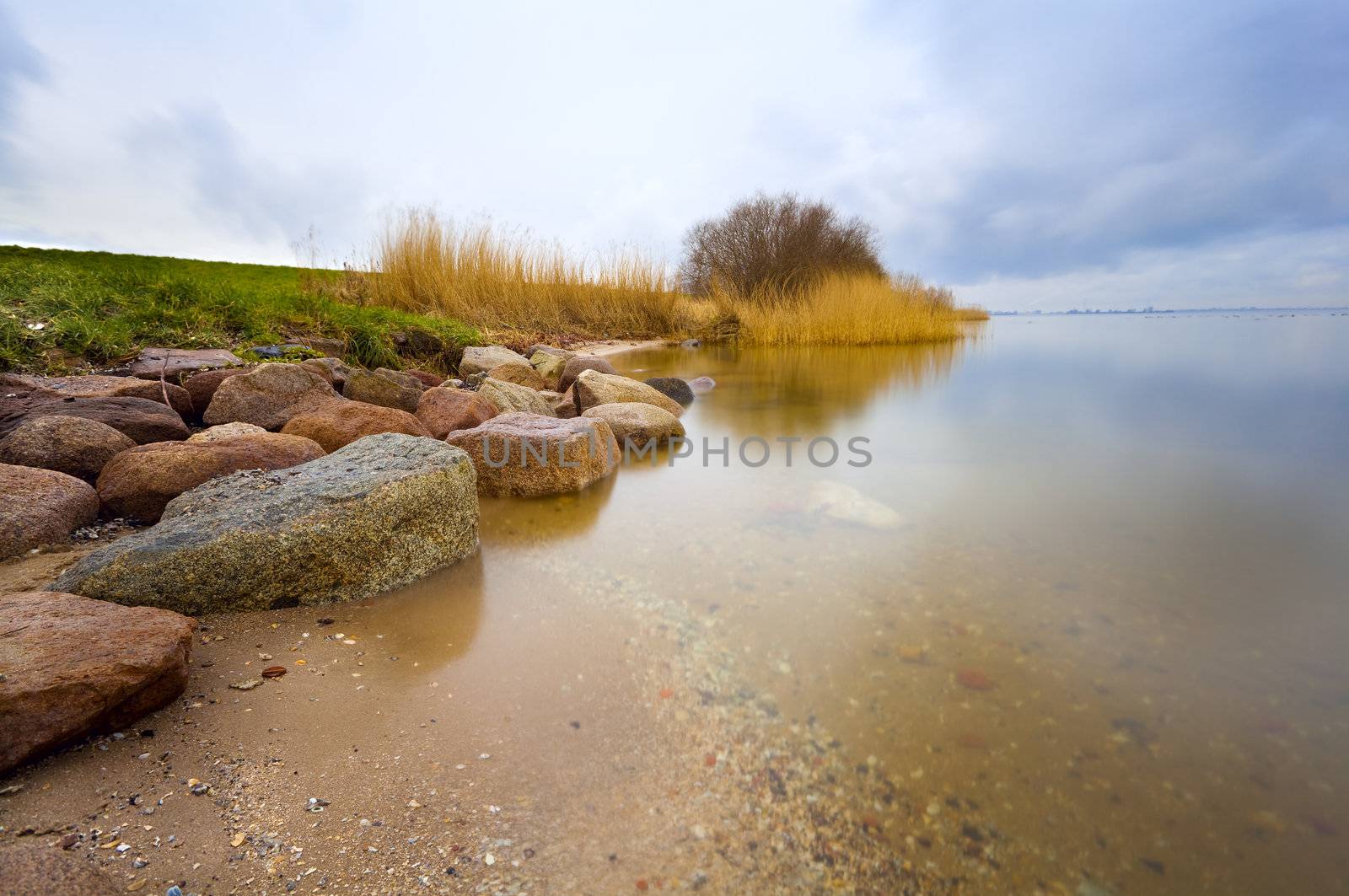 view on cold North Sea and cloudy sky with long exposure