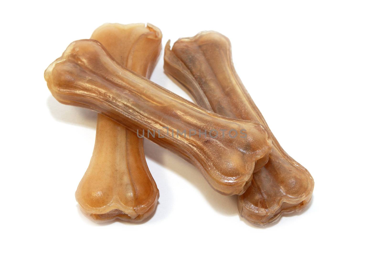 chewing dried bones for dogs on white backgrond