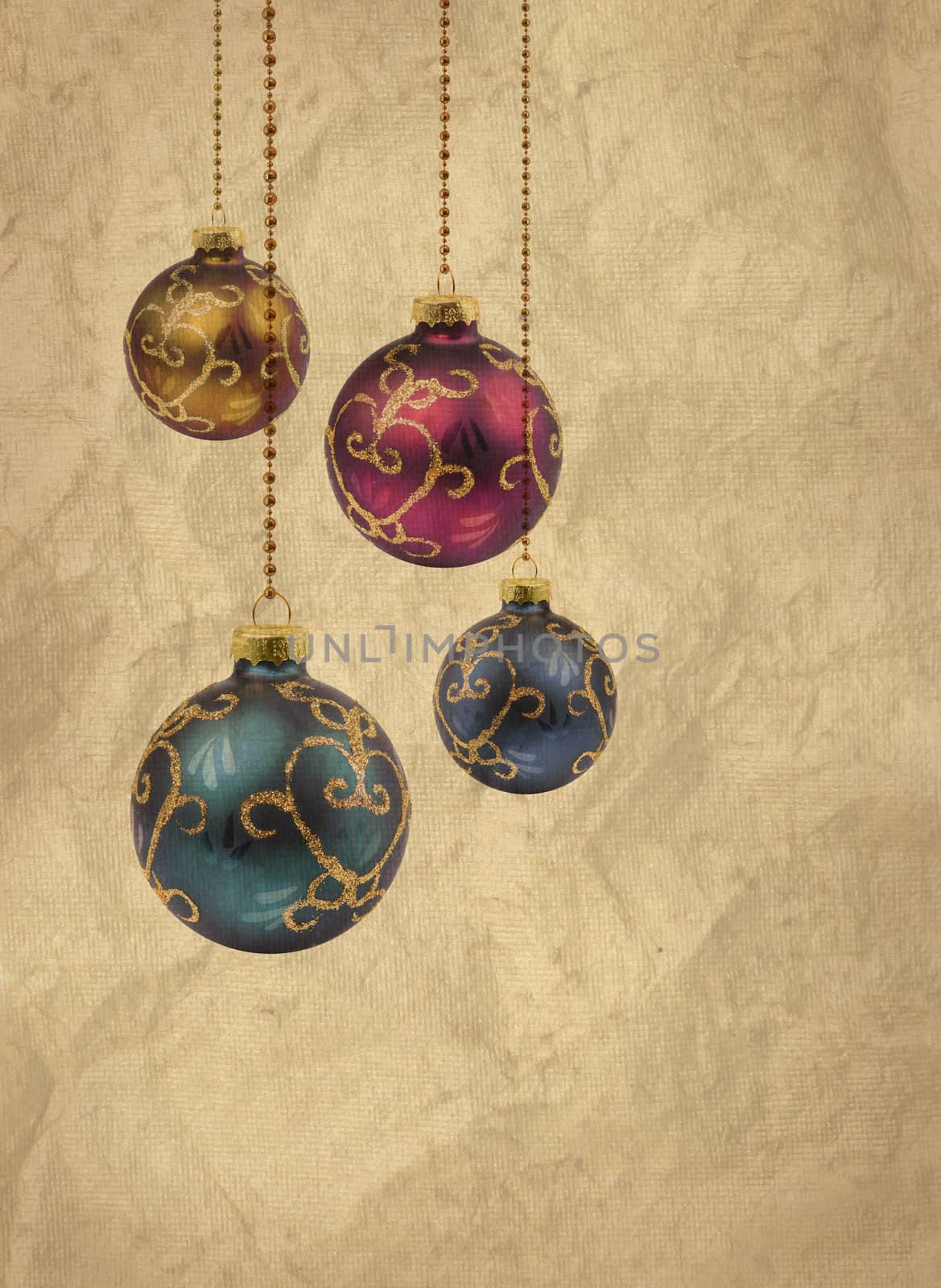 Retro color Christmas balls printed on old grunge paper background