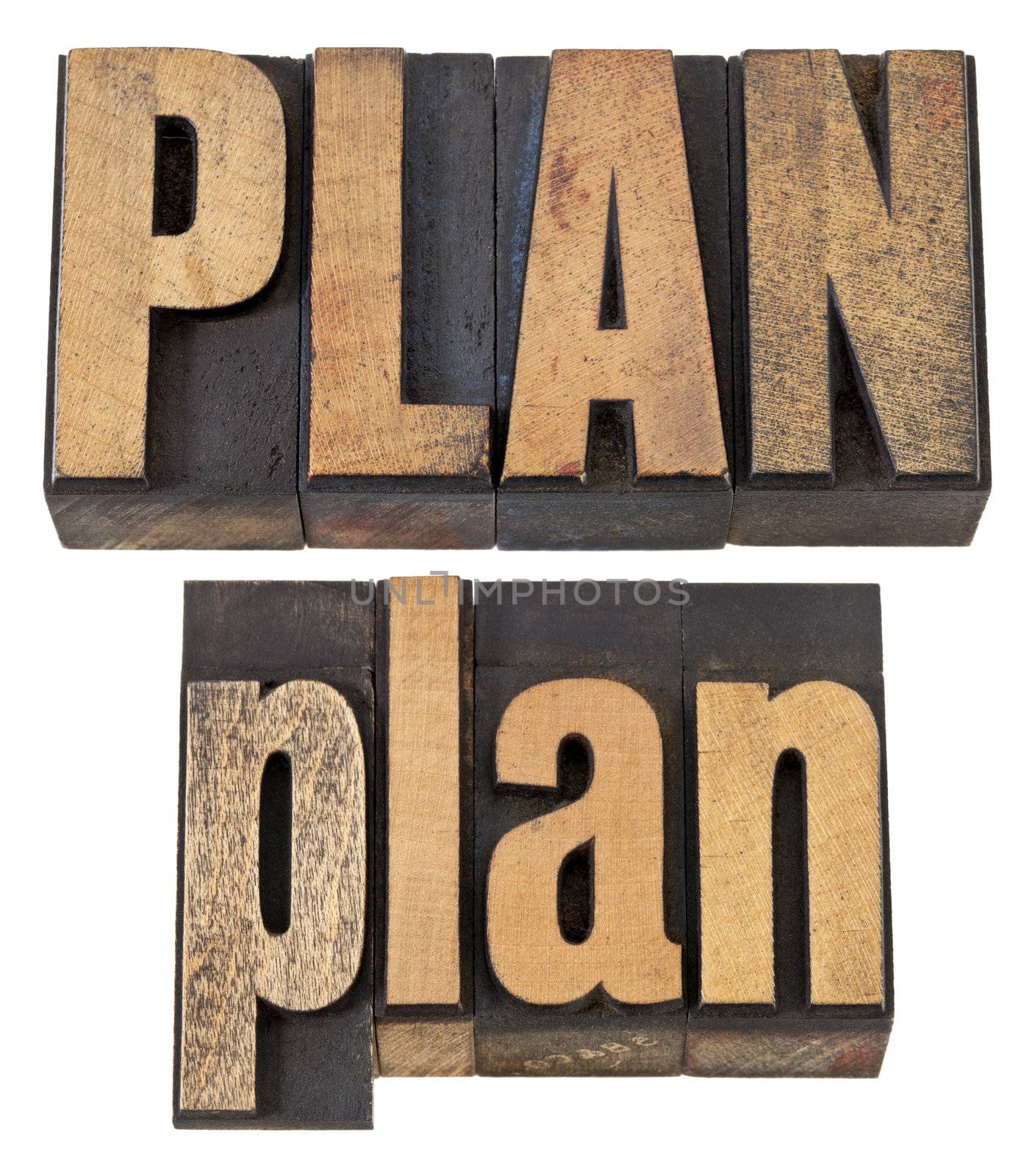 plan - isolated word in vintage letterpress wood type, upper and lower case layout