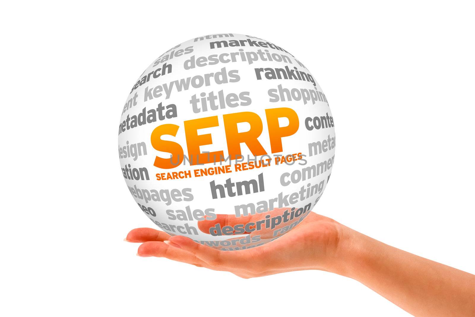 Hand holding a 3d Search Engine Result Pages Sphere on white background. 
