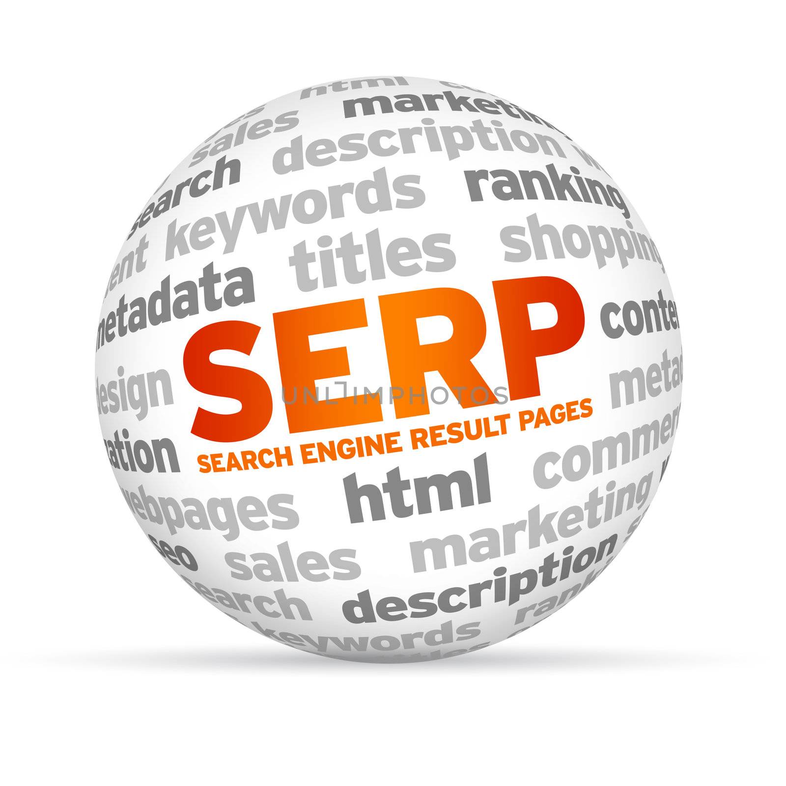 3d Search Engine Result Pages Word Sphere on white background.