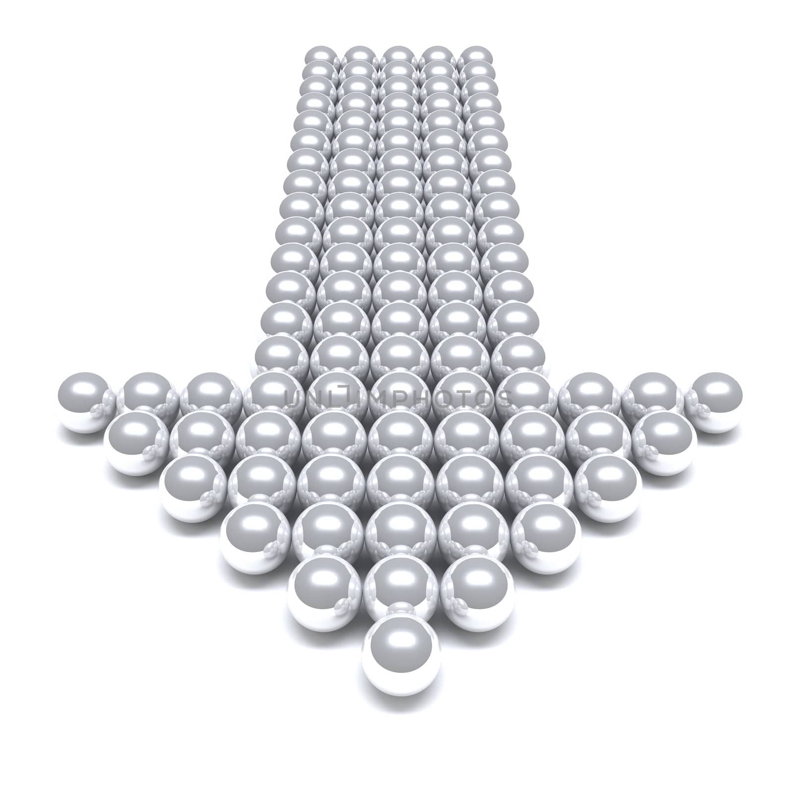 Grey arrow consisting of metal balls on a white background