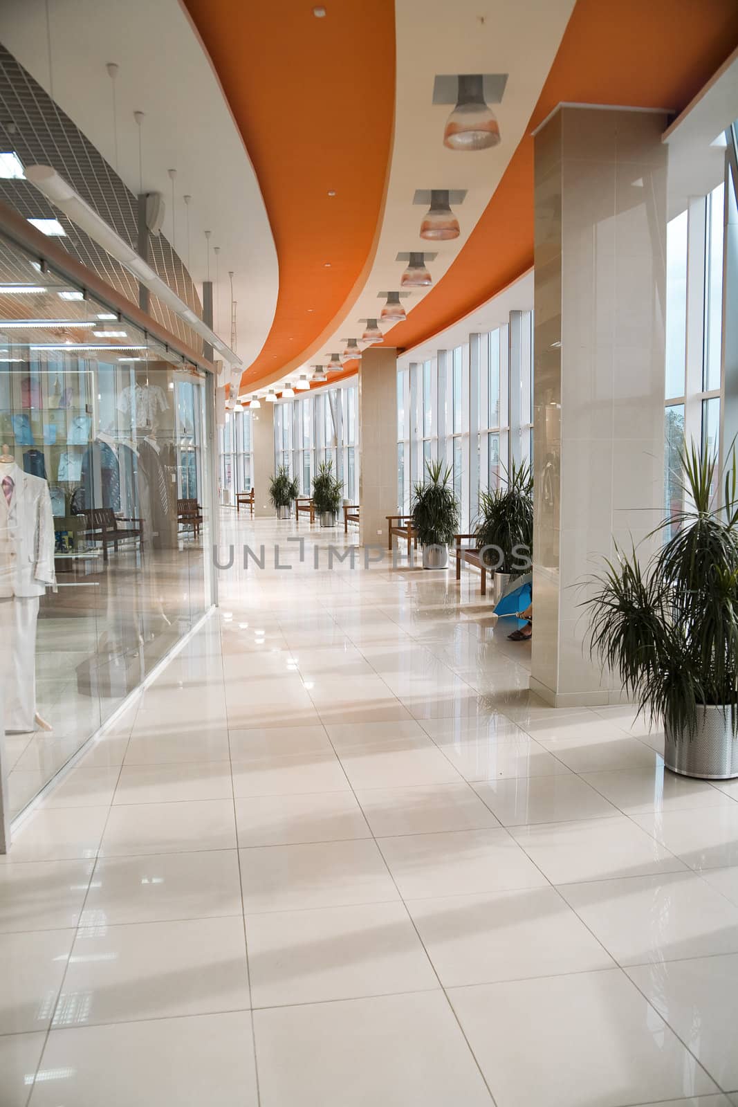 Hall of a modern business centre with set of glass show-windows