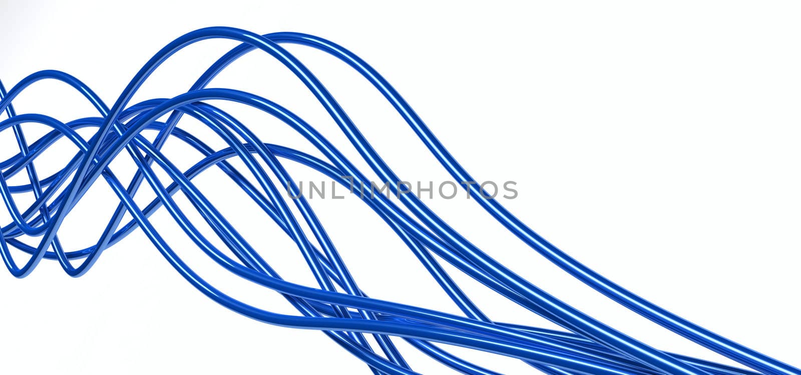 bright metallic fibre-optical blue cables on a white background