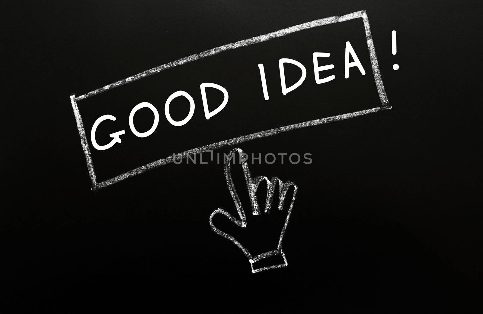 Good Idea - written with chalk on a blackboard, with a cursor hand