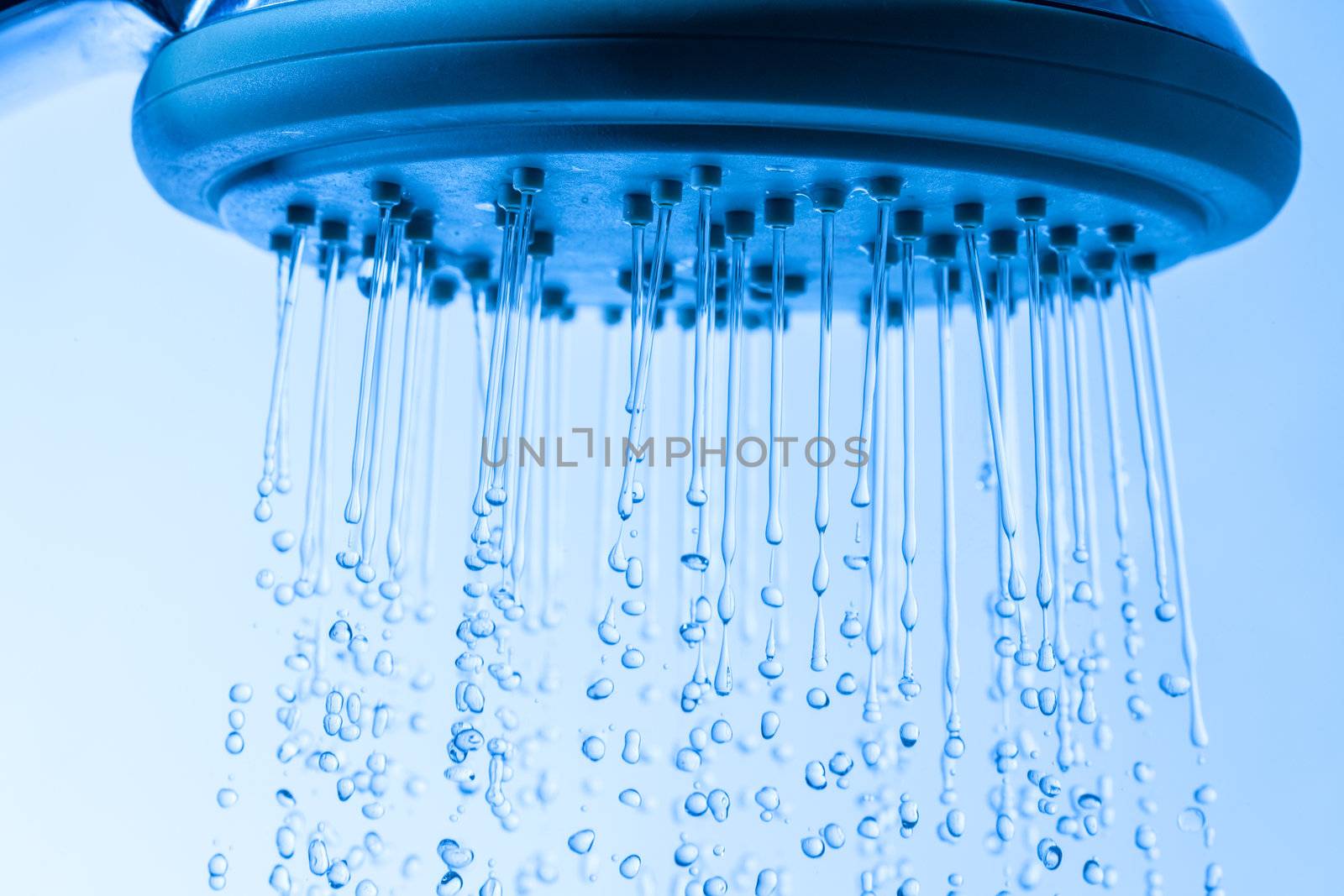 Shower Head with Running Water, Blue background