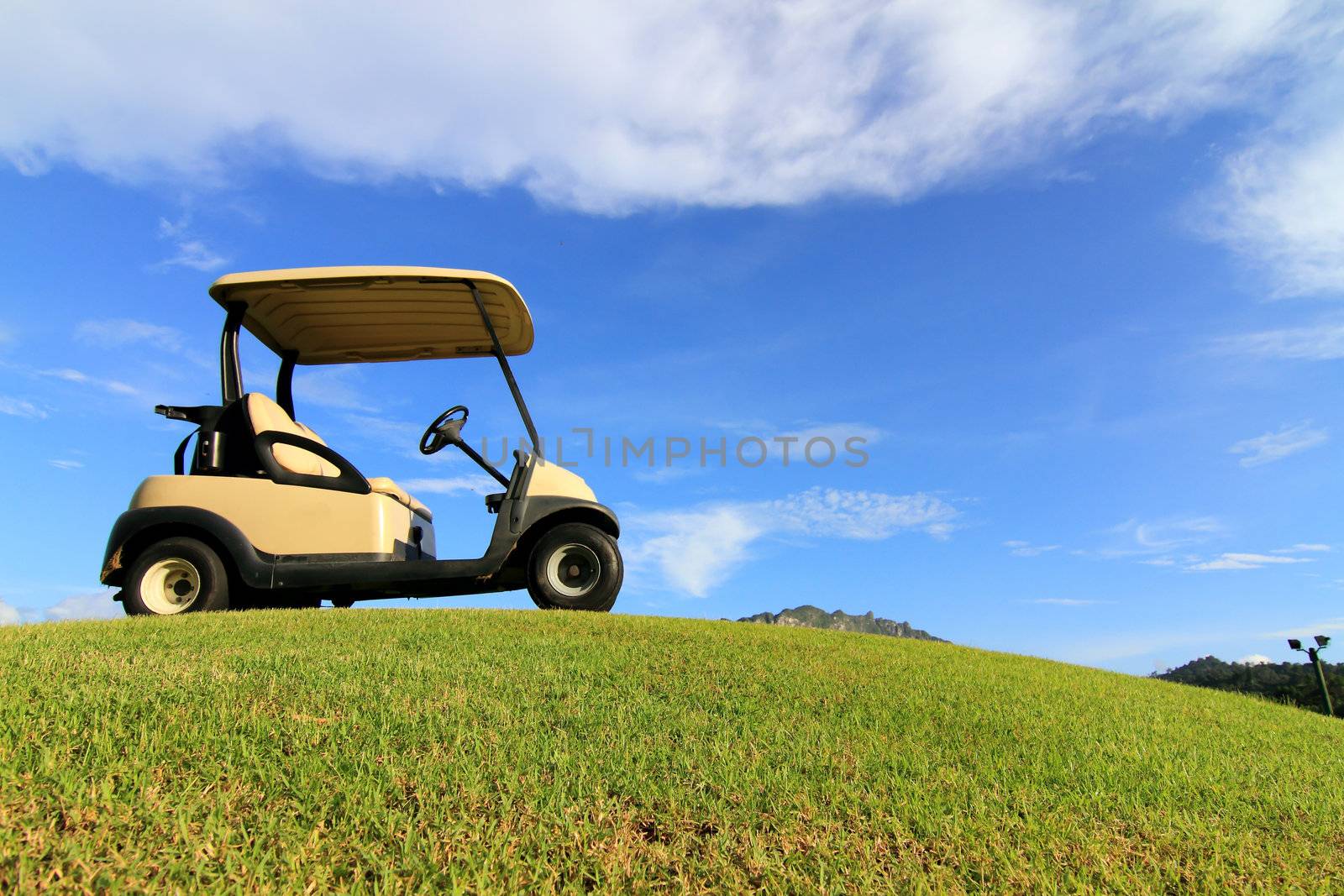 Golf cart on path, pretty green grass and blue sky background