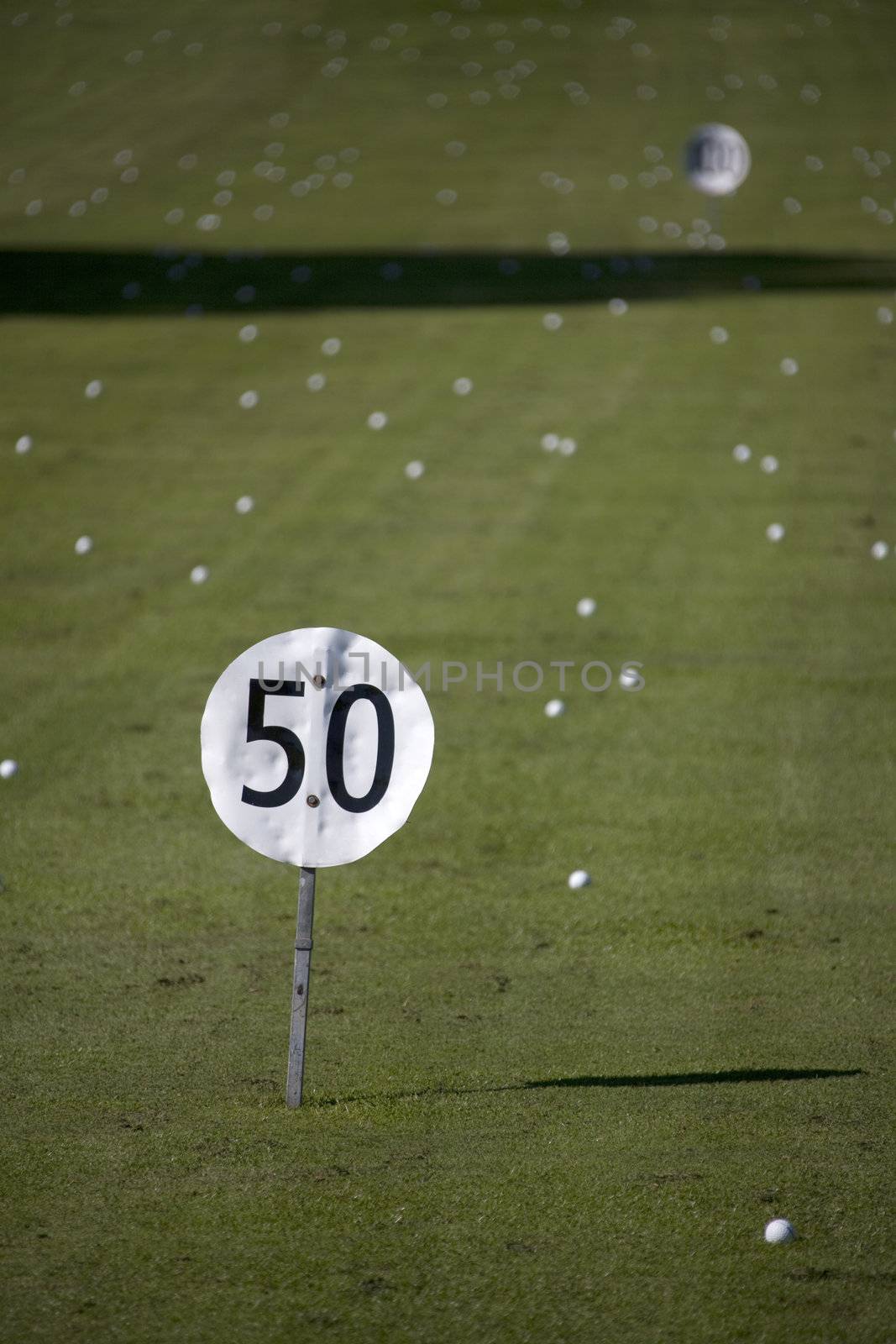 Golf balls lying on a golf driving range with a 50 meter/yard sign