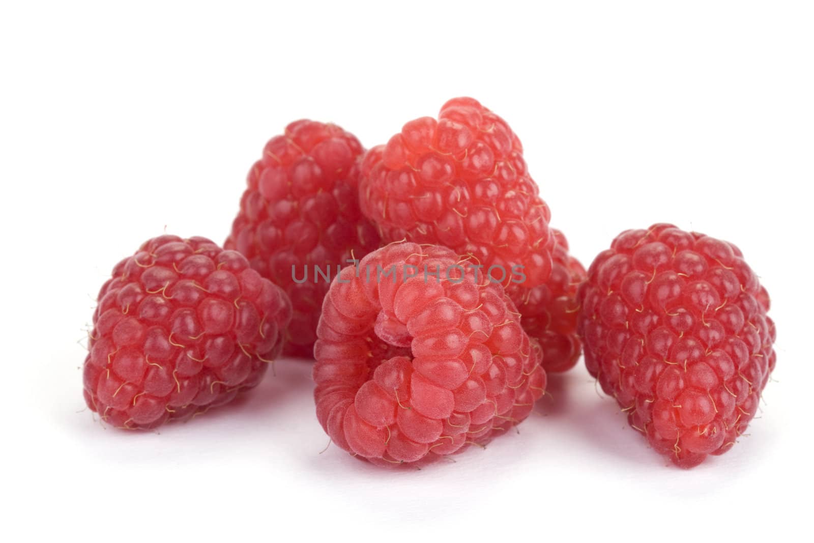 fresh red raspberries on white background