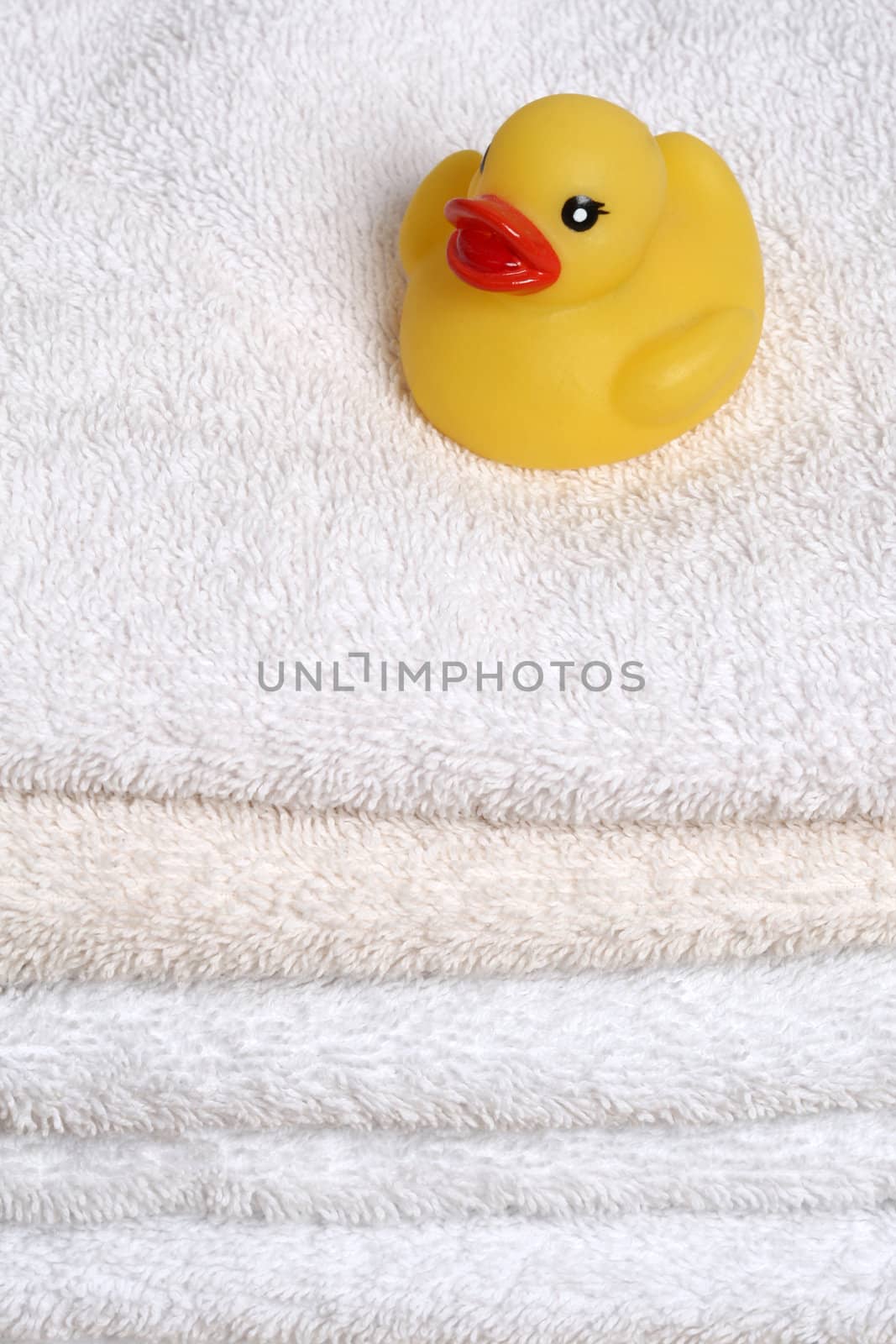 rubber ducky on bath towels