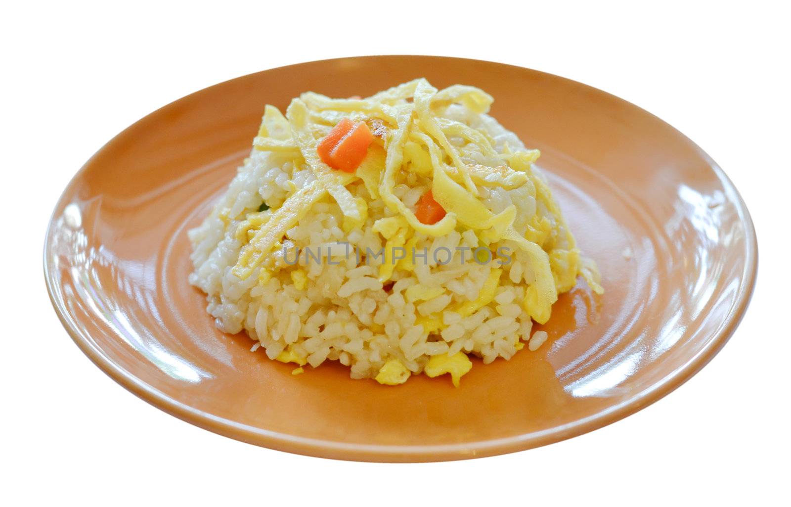  fried rice served with slice the omelet on orange dish