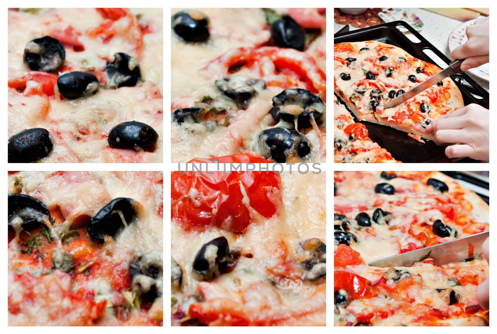 The collage of pizza with tomato and cheese