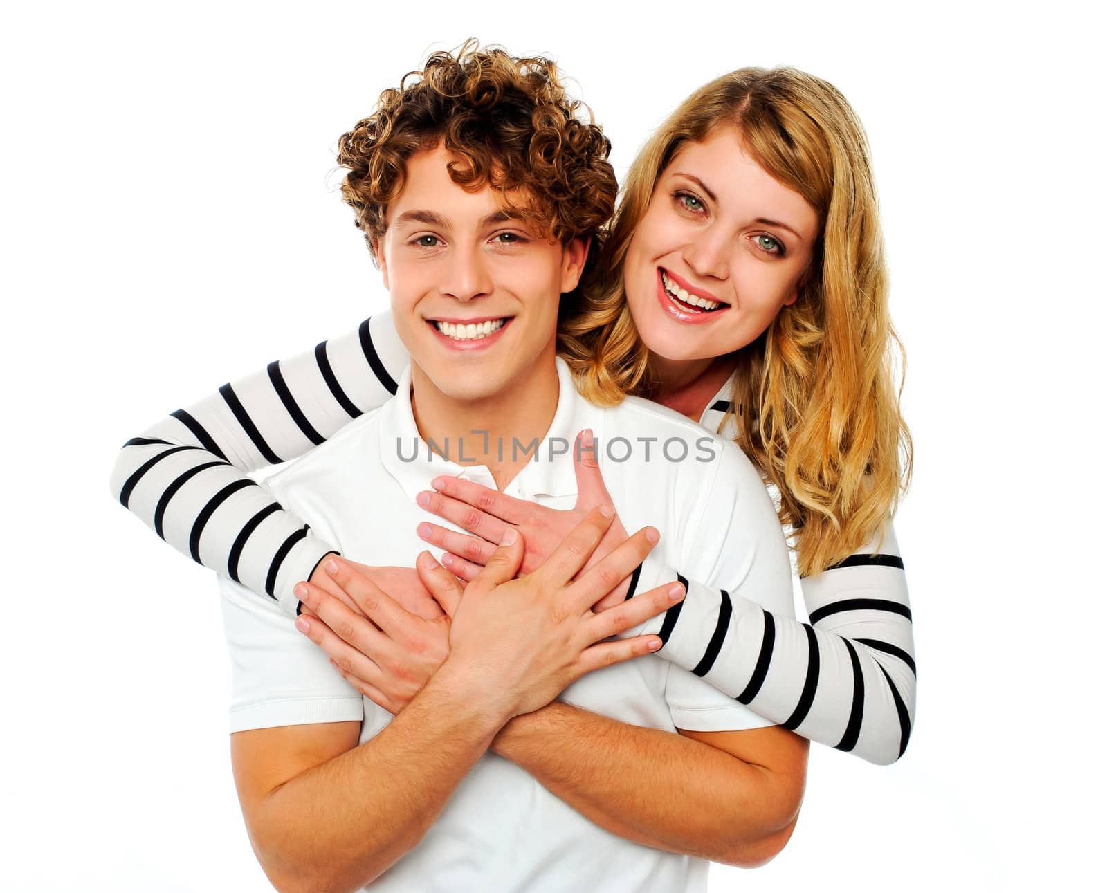Happy young couple in love. Isolated over white background