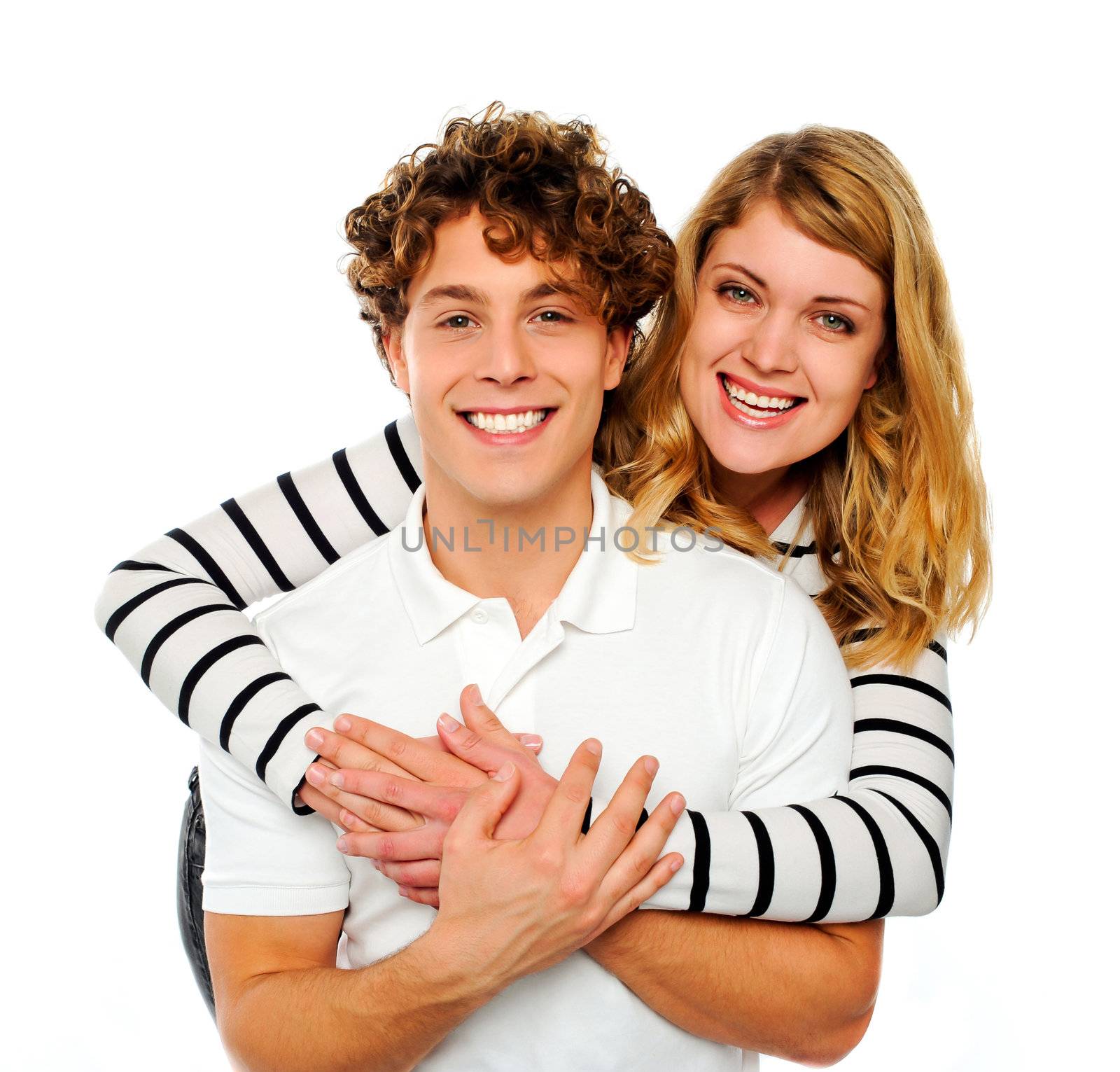 Attractive couple being playful against white background