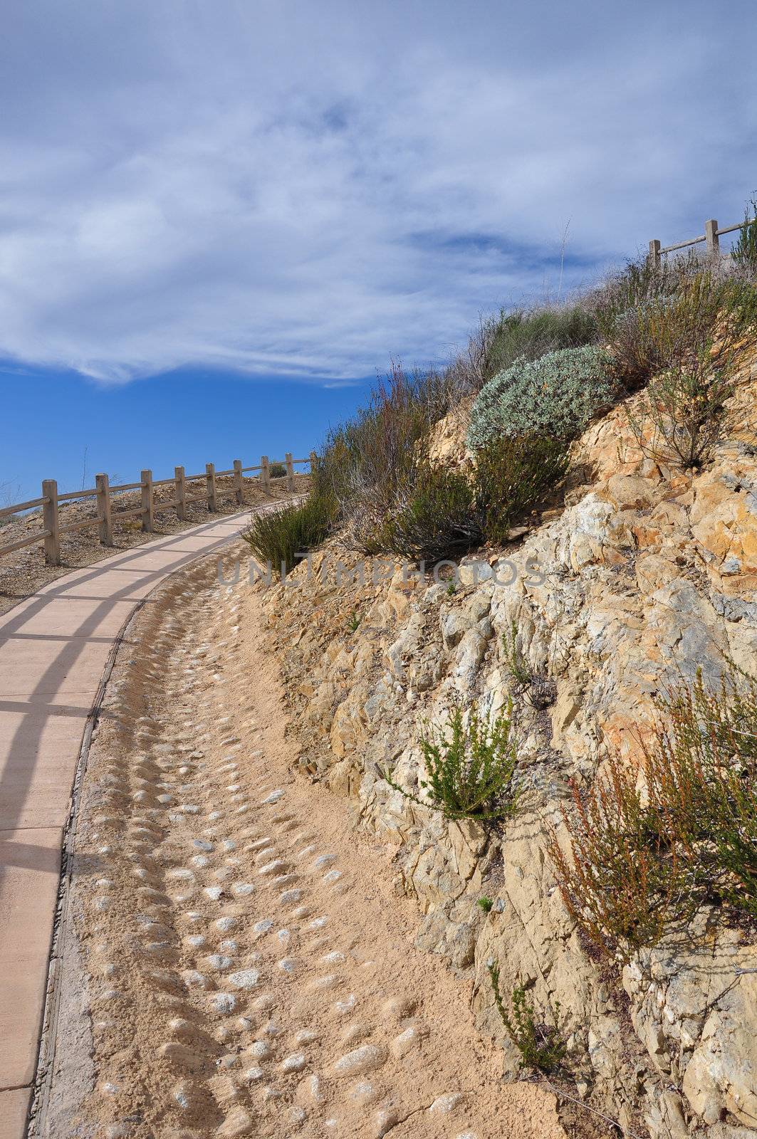 View of a pathway which leads to a scenic overlook in Hemet, California.
