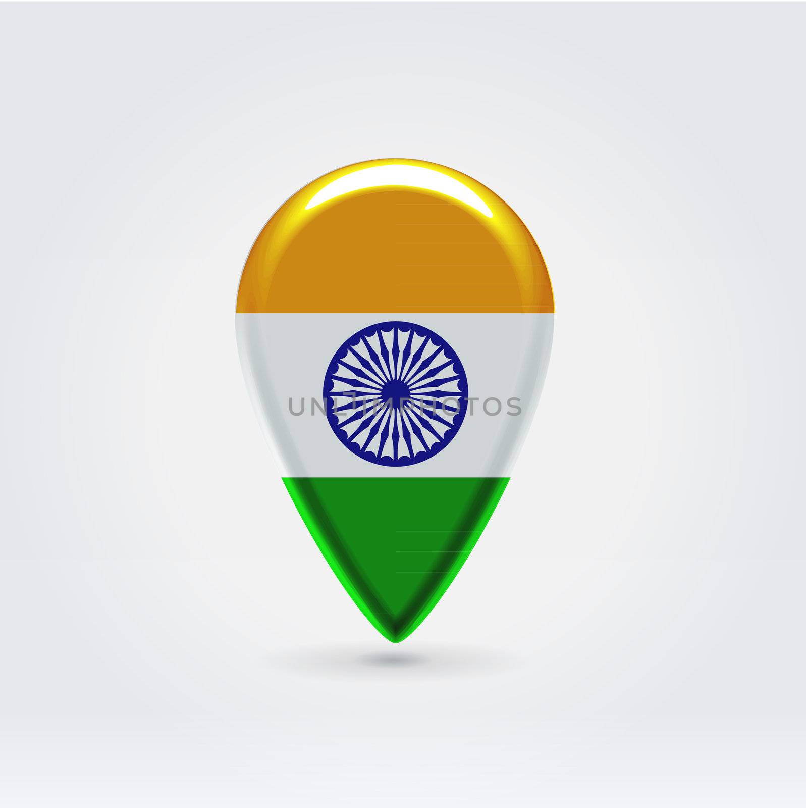 Glossy colorful India map application point label symbol hanging over enlightened background