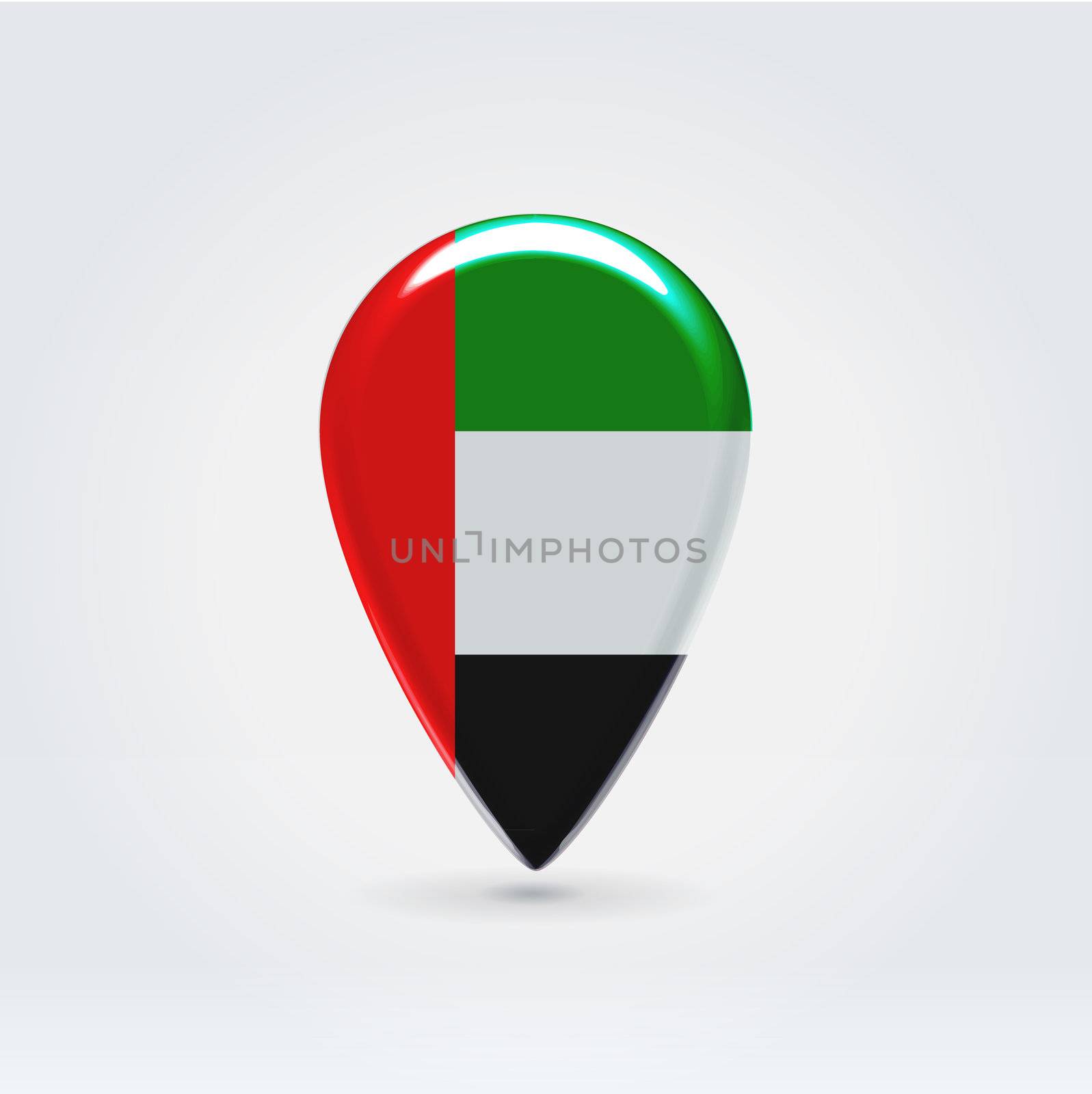 Glossy colorful United Arab Emirates map application point label symbol hanging over enlightened background