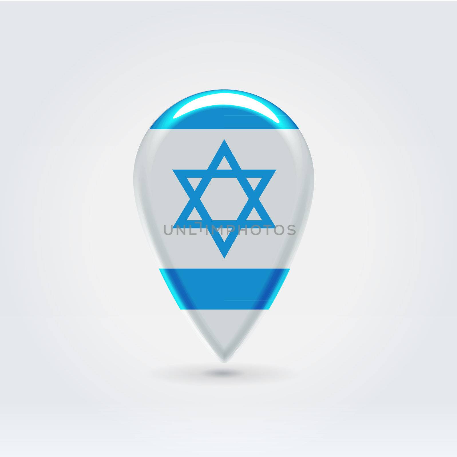 Glossy colorful Israel map application point label symbol hanging over enlightened background