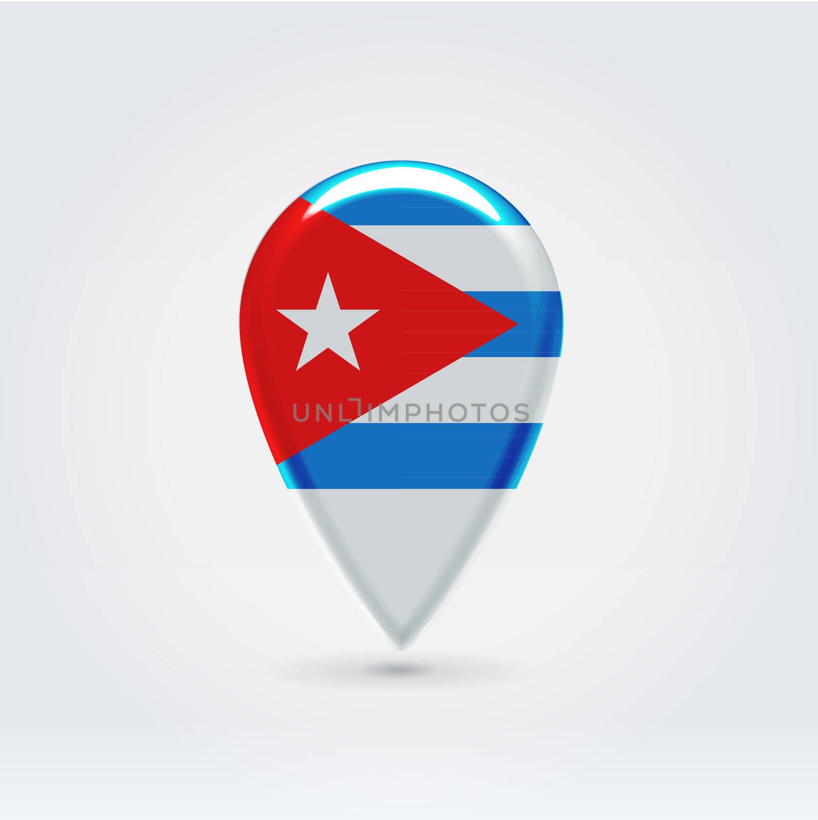 Glossy colorful Cuba map application point label symbol hanging over enlightened background