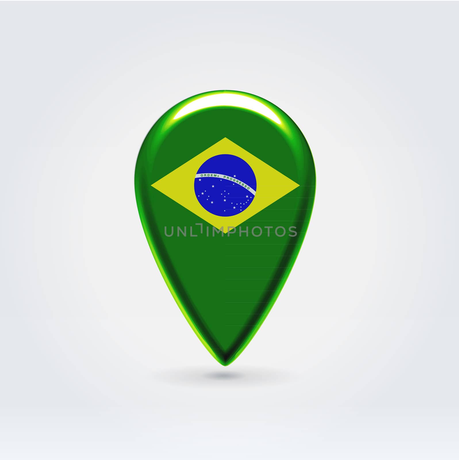 Glossy colorful Brazil map application point label symbol hanging over enlightened background
