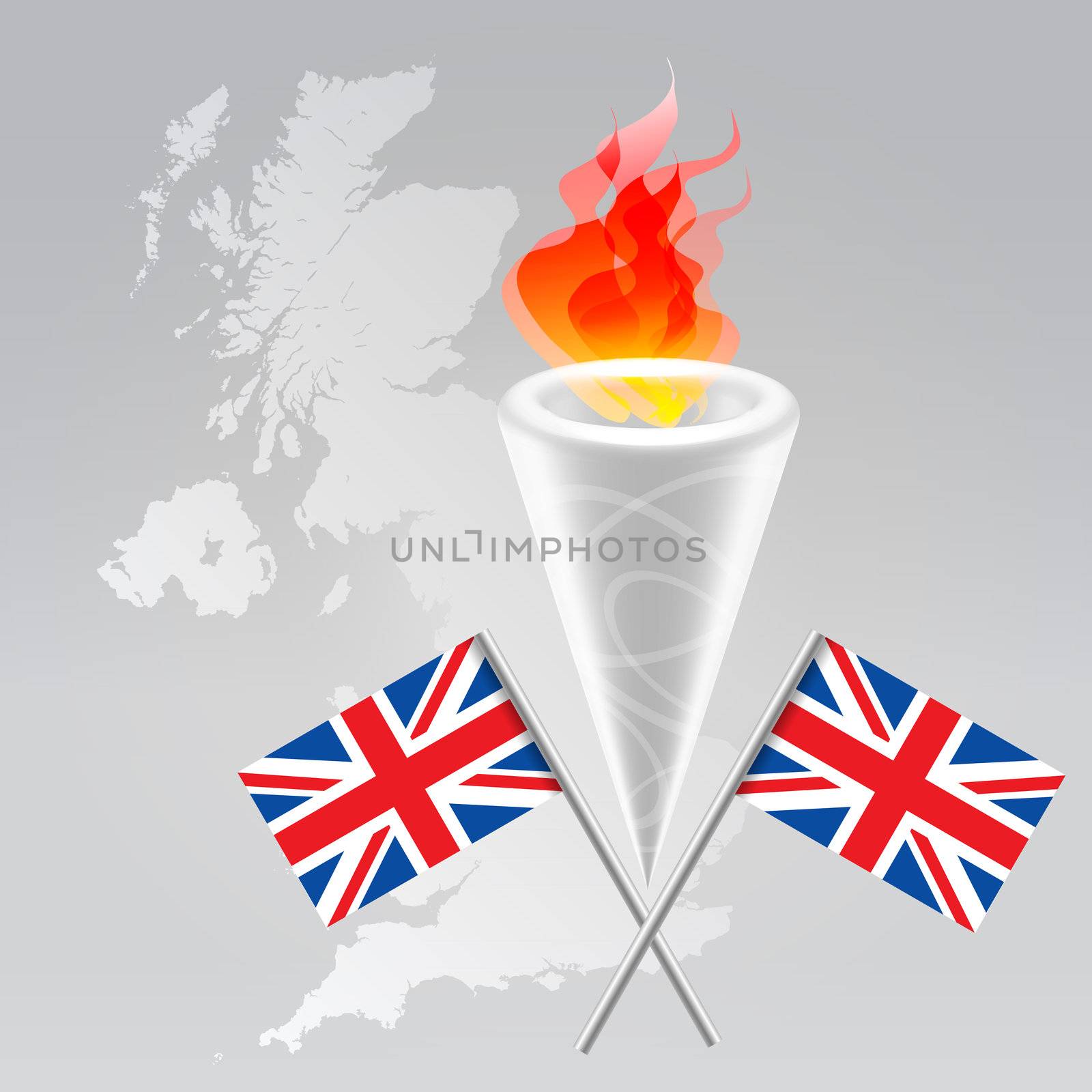 Olympic symbols set: fire torch, flag, UK map silhouette.