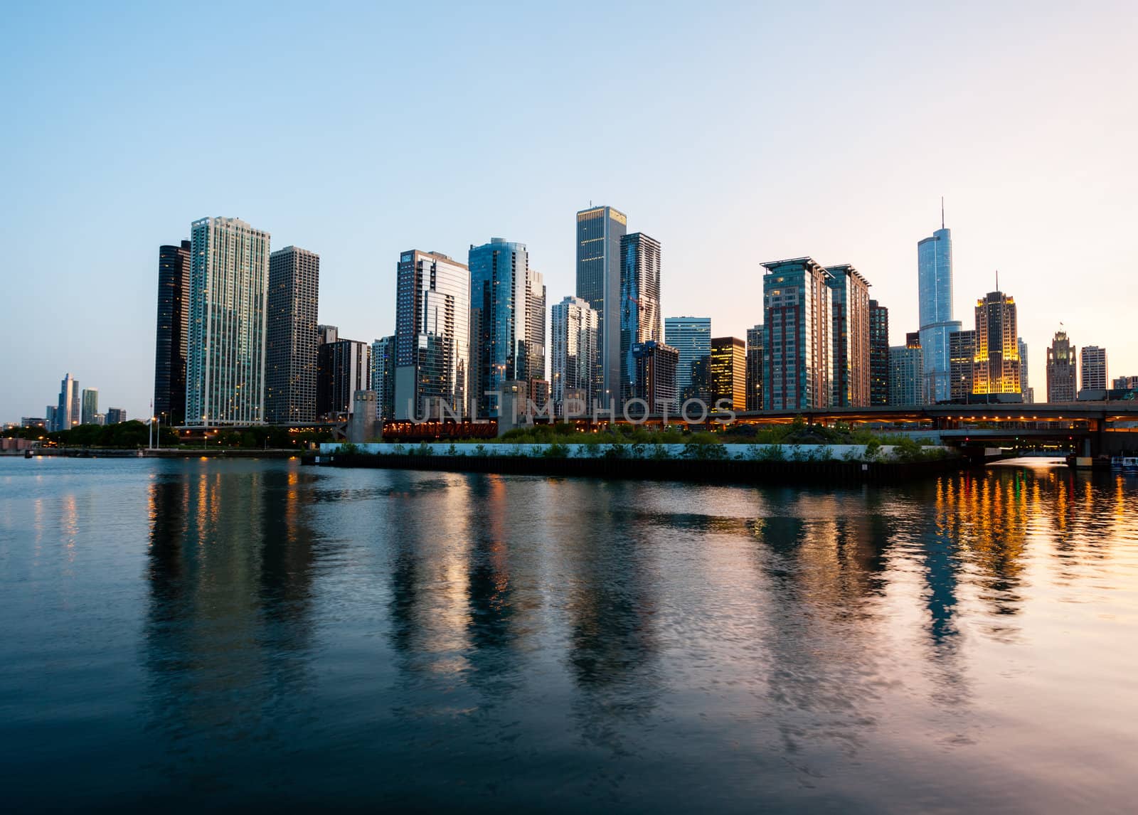 Skyline of Chicago from the Navy Pier at sunset