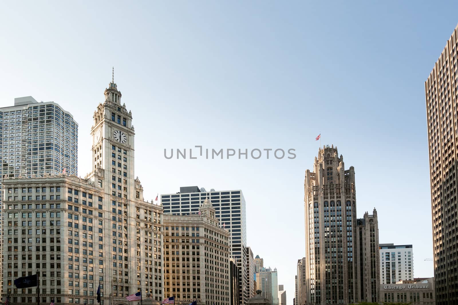 CHICAGO - MAY 14: Chicago Tribune Tower and Wrigley Building in Chicago on May 14, 2012. The Tribune Tower was completed in 1925