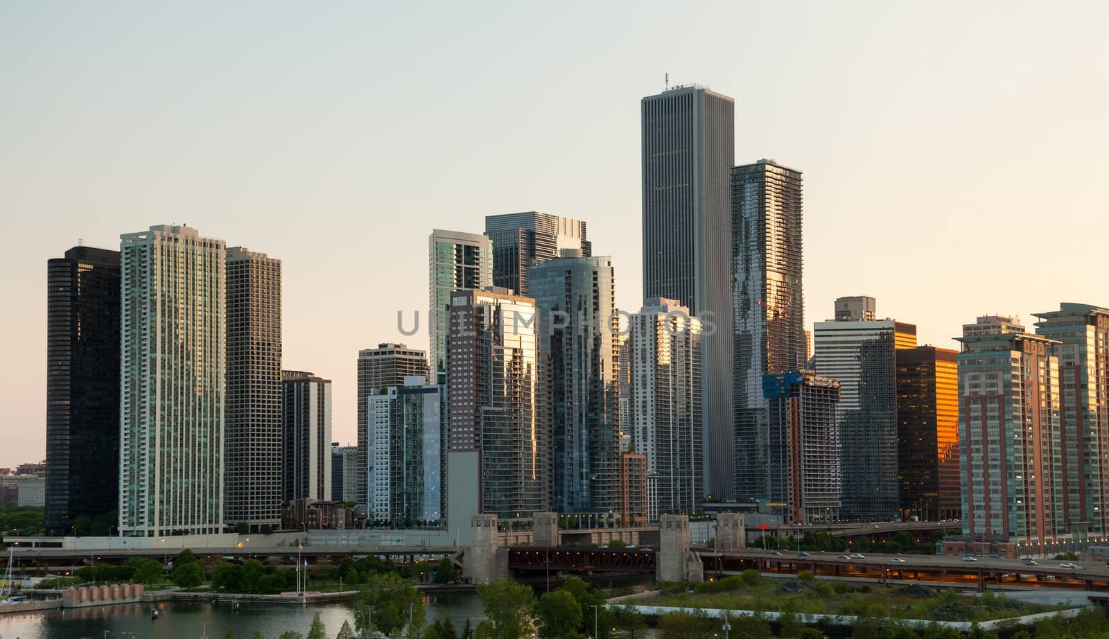 Skyline of Chicago from the Navy Pier at sunset