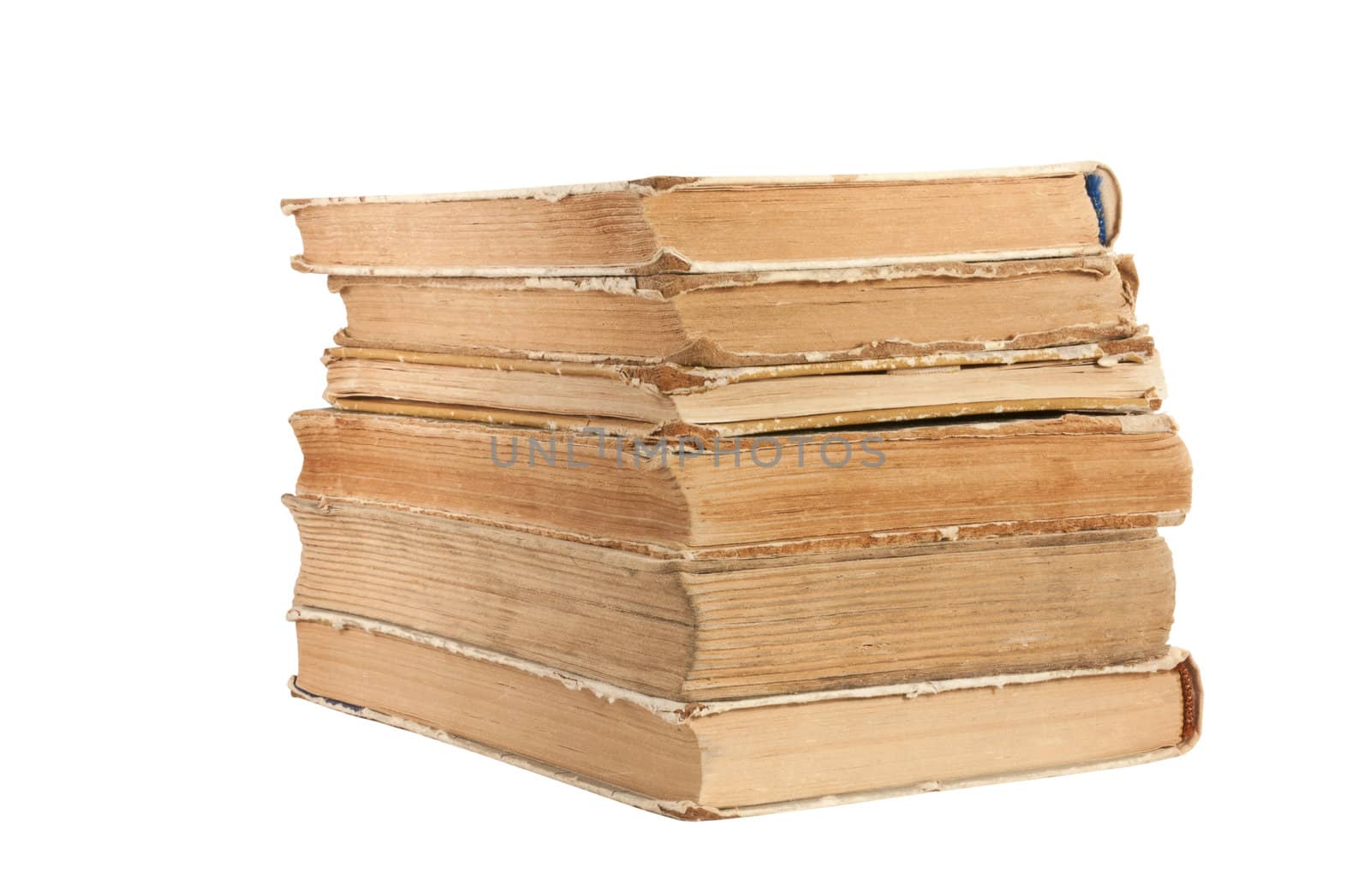 A stack of old books isolated on white background