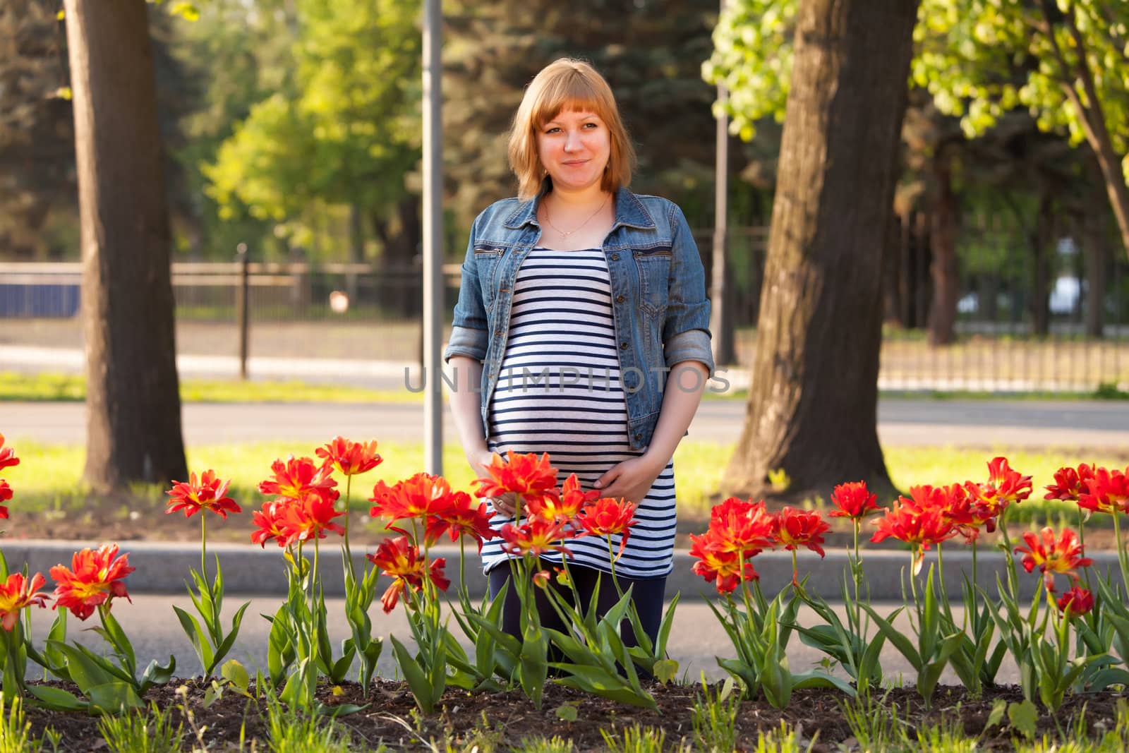 Pregnant woman standing near flowerbed by Discovod