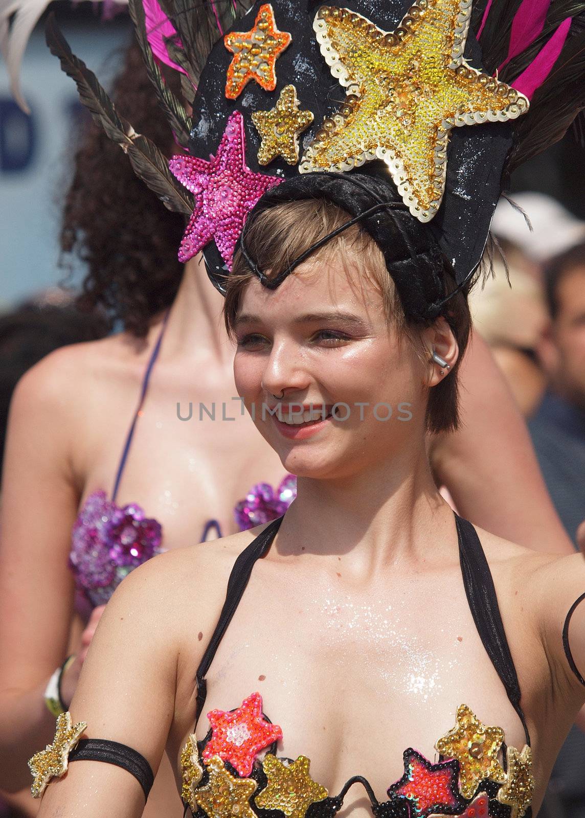 COPENHAGEN - MAY 26: Participant in the 30th annual Copenhagen Carnival parade of fantastic costumes, samba dancing and Latin styles starts on May 25, 2012 in Copenhagen, Denmark.