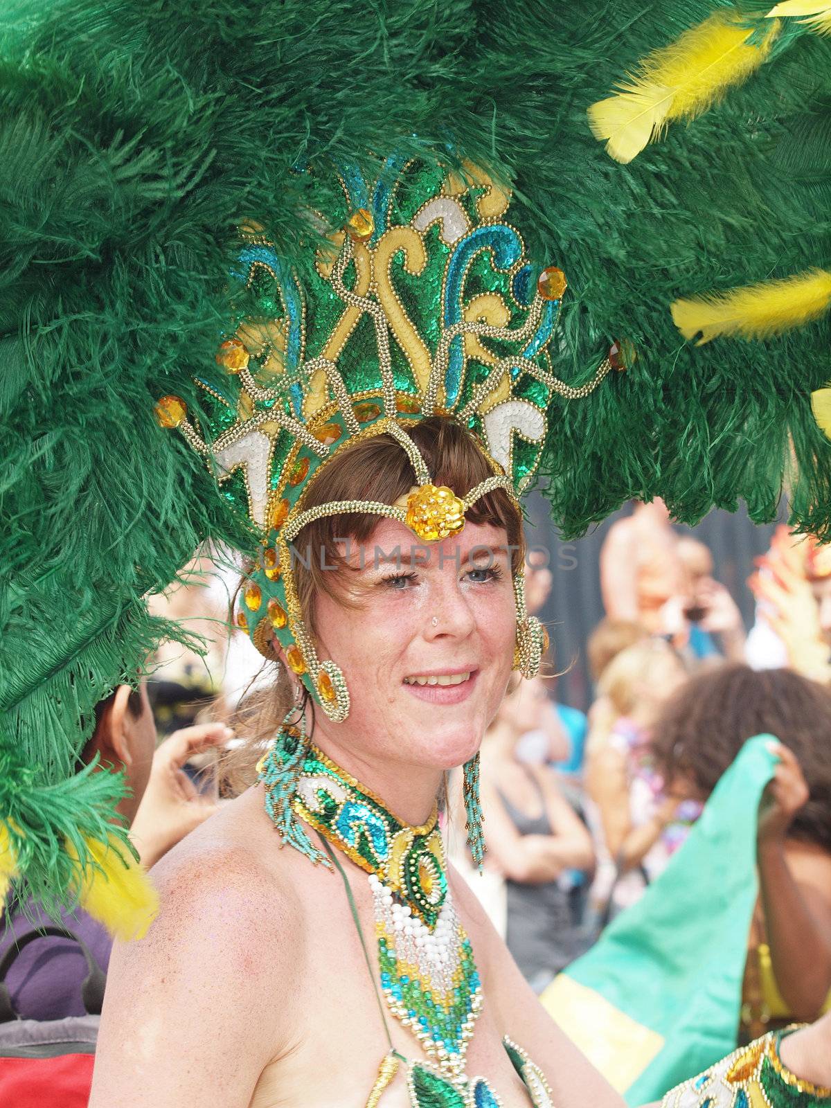 COPENHAGEN - MAY 26: Participant in the 30th annual Copenhagen Carnival parade of fantastic costumes, samba dancing and Latin styles starts on May 25, 2012 in Copenhagen, Denmark.