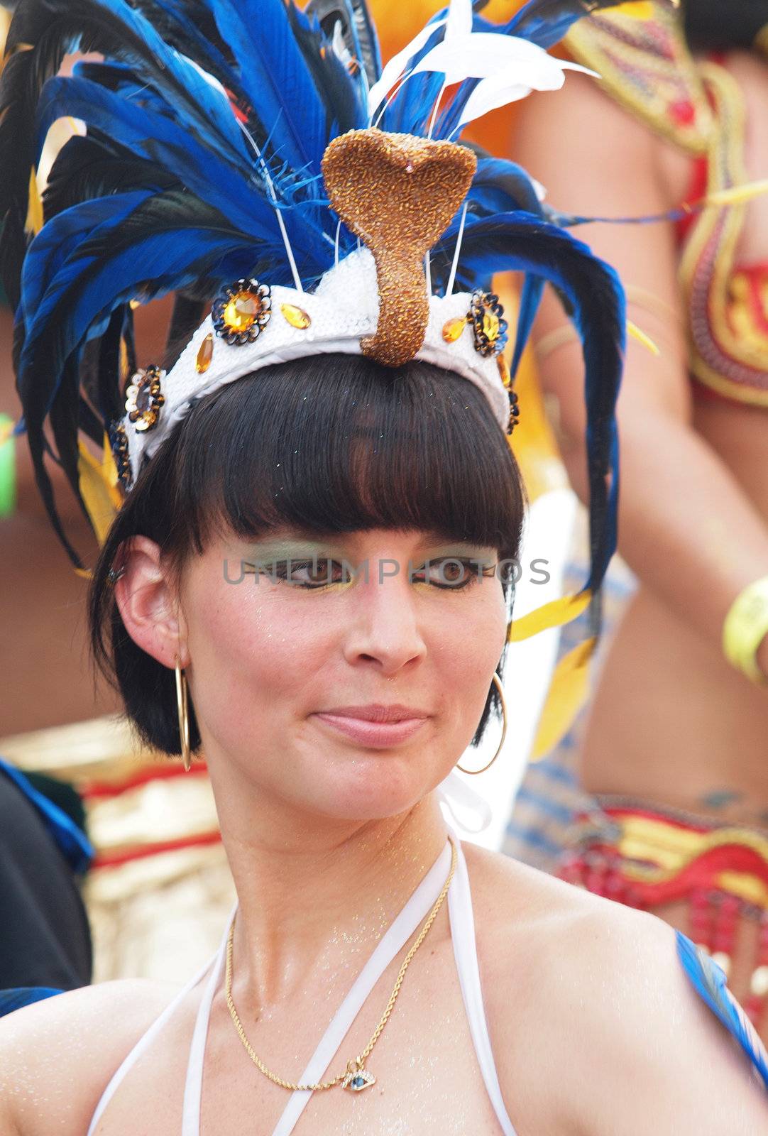 COPENHAGEN - MAY 26: Participant in the 30th annual Copenhagen Carnival parade of fantastic costumes, samba dancing and Latin styles starts on May 25, 2012 in Copenhagen, Denmark.