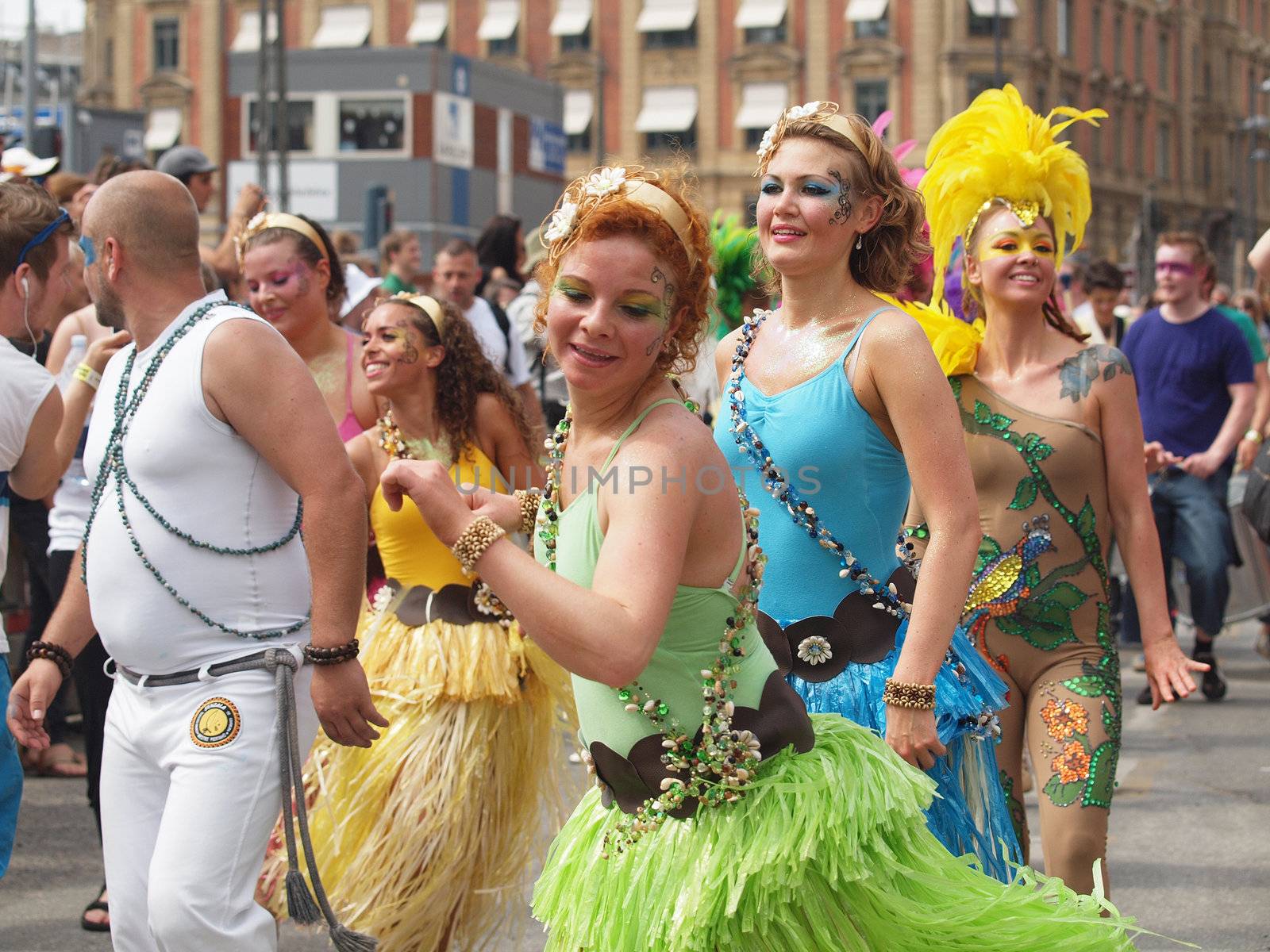 COPENHAGEN - MAY 26: Participants in the 30th annual Copenhagen Carnival parade of fantastic costumes, samba dancing and Latin styles starts on May 25, 2012 in Copenhagen, Denmark.
