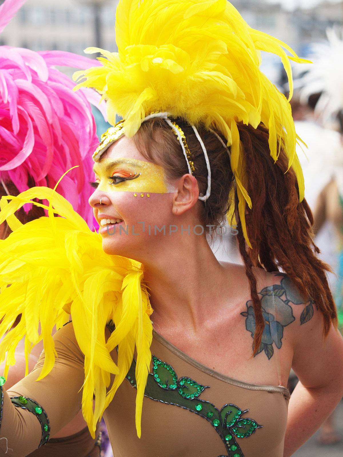 COPENHAGEN - MAY 26: Participant in the 30th annual Copenhagen Carnival parade of fantastic costumes, samba dancing and Latin styles starts on May 25, 2012 in Copenhagen, Denmark.