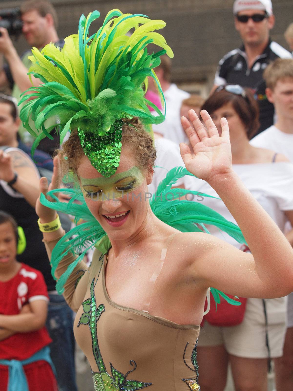 COPENHAGEN - MAY 26: Participant in the 30th annual Copenhagen Carnival parade of fantastic costumes, samba dancing and Latin styles starts on May 25, 2012 in Copenhagen, Denmark.