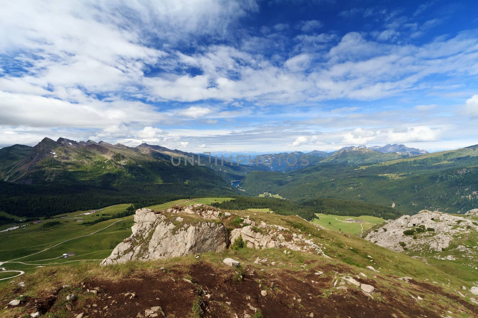 aerial view of Panaveggio natural park and Fiemme valley from Rolle pass, Italian Dolomites